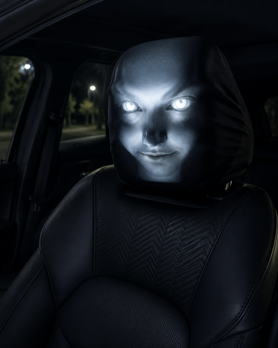 A black car headliner mask with glowing white eyes, shown fitted over a car seat at night. Main image