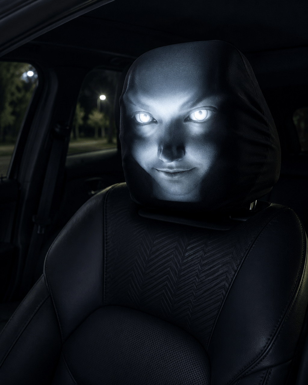 A black car headliner mask with glowing white eyes, shown fitted over a car seat at night.